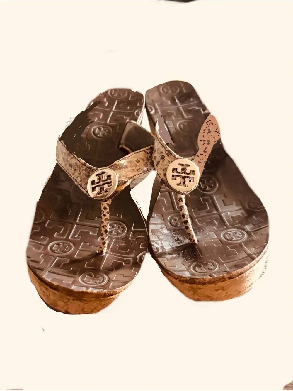 Tory Burch Brown Snake-Print Thong Sandals with Gold Medallions